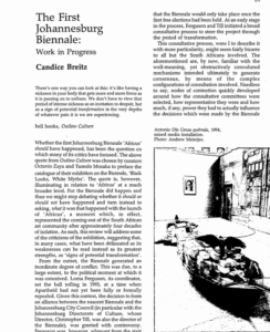 Candice Breitz wrote the article The First Johannesburg Biennale: Work in Progress